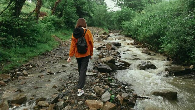 Woman hipster in casual clothes on a hike in the mountains walks along the fireplace stream, view from the back. Travel to mountains concept.