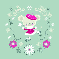 Little mouse on skates in patterns of snowflakes 