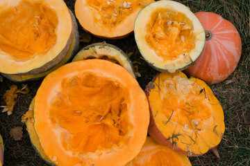 Half a peeled pumpkin. Pumpkin seeds against parasites, worms.