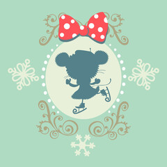 Little mouse on skates in patterns of snowflakes 