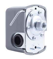 Pressure switch for pressure regulation in pumping station. Isolated on white background.