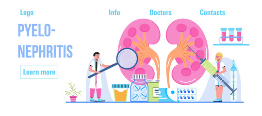 Urarthritis, ureteroscopy concept vector for medical website. Urologist, nephritis illustration. Tiny doctor treats kidneys. Pyelonephritis and kidney stones diseases.