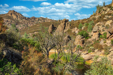 Rock formations in Pinnacles National Park in California, the destroyed remains of an extinct volcano on the San Andreas Fault. Beautiful landscapes, cozy hiking trails for tourists and travelers.