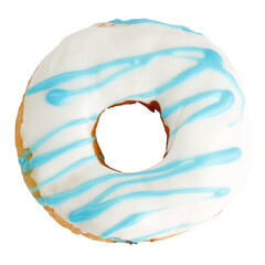 Donut in white glaze drizzled with blue topping. Isolated on white background. View from above.