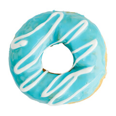 Donut in blue glaze drizzled with white topping. Isolated on white background. View from above.