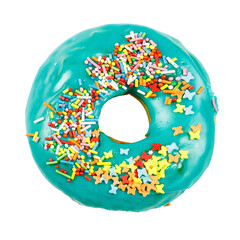Donut in blue glaze and colored sprinkles. Isolated on white background. View from above.