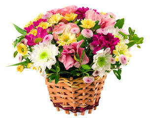 autumn bouquet of flowers in a basket isolated on white background. clipping path