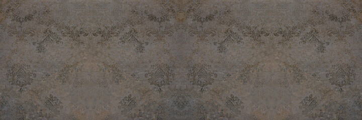 Old brown gray vintage shabby damask patchwork tiles stone concrete cement wall texture background banner
