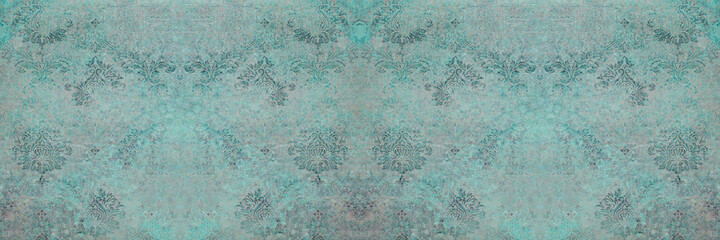 Old turquoise aquamarine vintage worn shabby patchwork ornate motif tiles stone concrete cement wall texture background banner
 - obrazy, fototapety, plakaty