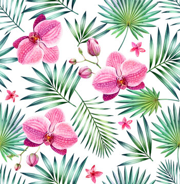 Watercolor tropical seamless pattern. Pink orchid flowers and palm leaves isolated on white. Botanical hand drawn floral background for surface, textile, wallpaper design