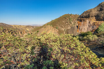 Rock formations in Pinnacles National Park in California, the destroyed remains of an extinct...