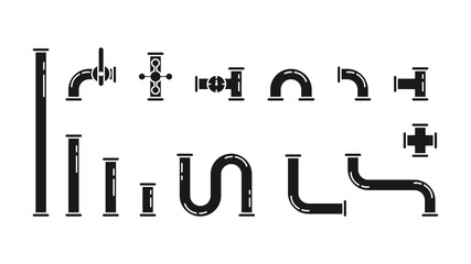 Set of icons of pipes, valves, taps, pipe connectors isolated on white background. Water, fuel or gas supply system, oil refinery industry pipeline, house sewer bolted sections. Vector illustration