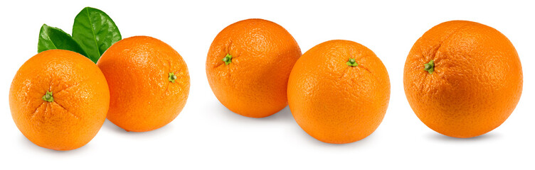 collection of orange fruit with green leaves isolated on white background. healthy food. clipping path