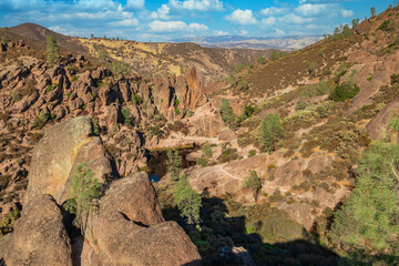 Rock formations in Pinnacles National Park in California, the destroyed remains of an extinct volcano on the San Andreas Fault. Beautiful landscapes, cozy hiking trails for tourists and travelers.