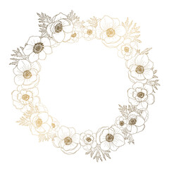 Plants line gold. Anemone on a white background. Wreath of flowers. Watercolor wedding invitation card. Vector graphics.