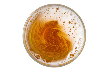 Beer in glass. Beer foam with bubble. View from above.
