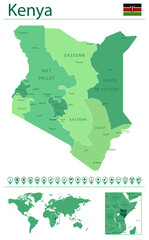 Kenya detailed map and flag. Kenya on world map.