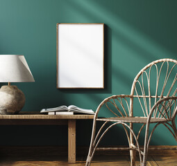 Mockup frame close up in home interior background, dark green room with bench and décor, 3d render