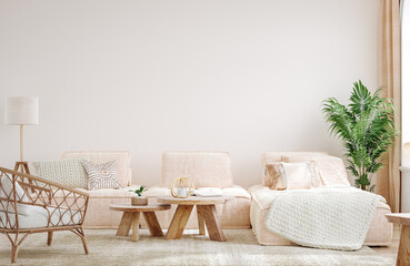 Cozy light home interior mock-up in pastel colors, 3d render © artjafara