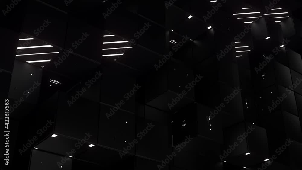 Poster 3d render of dark cubes with animated textures on their sides. technology theme background. loopable