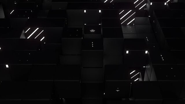 3d render of dark cubes with animated textures on their sides. Loopable sequence. Cross, lines, dots as texture patterns.