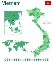 Vietnam detailed map and flag. Vietnam on world map.