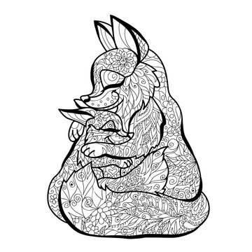 Fox coloring pages. Graphic, black-and-white image of a mother Fox with a baby fox cub. Design for coloring pages. Digital vector graphics.