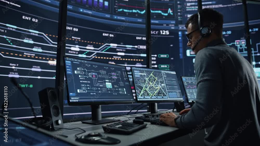 Aufkleber Professional IT Technical Support Specialist and Software Developer Working on Computer in Monitoring Control Room with Digital Screens. Employee Wears Headphones with Mic and Talking on a Call.