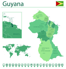 Guyana detailed map and flag. Guyana on world map.