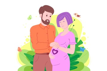 Pregnancy, motherhood concept. Pregnant and happy beautiful young woman holds her belly, hugged by a young man. Flat cartoon vector illustration of a married couple awaiting the birth of a child.
