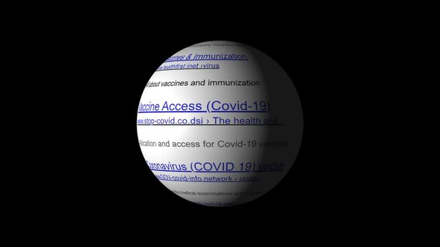 The globe with the links of imaginary no-existing websites for coronavirus covid-19 move on a dark background, close up.