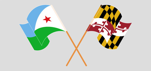 Crossed and waving flags of Djibouti and the State of Maryland