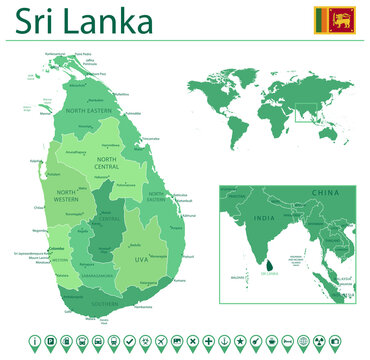 Sri Lanka detailed map and flag. Sri Lanka on world map.