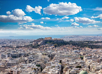 Fototapeta na wymiar Athens, Greece. Acropolis and Parthenon temple, view from Lycabettus Hill.