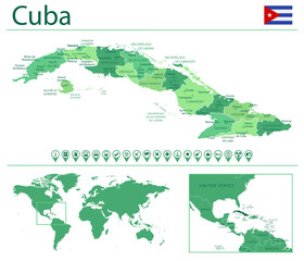 Cuba detailed map and flag. Cuba on world map.
