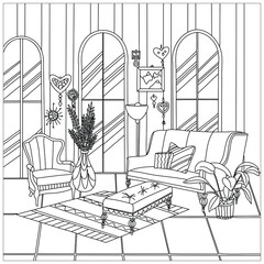 Vector illustration. Anti-stress coloring book for adults. The interior of the living room with an armchair, a table, large windows and plants in a coloring book for adults.