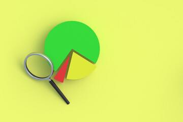 Pie graph near magnifier. Market analysis concept. Business analytics. Profit growth and decline report. Accounting. Statistics indicators. Budget research. Search for an economic problem. 3d render