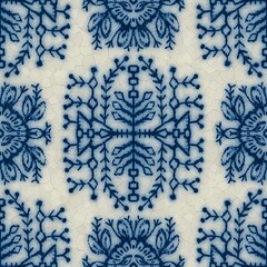 Seamless classic blue and white ceramic design. Hairline cracks over glazed surface. Decorative cerulean blue glaze on porcelain for transfer onto kitchen ware or printing for modern surface design.