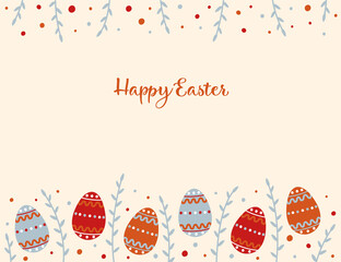 Decorative horizontal strip of Easter eggs and pussy willow branches. Vector illustration greeting card, ad, promotion, poster, flyer, web-banner.