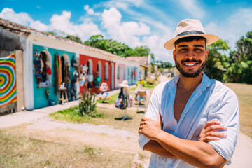 Tourist making selfie in the historic center of Porto Seguro. Latin American man in hat and arms...