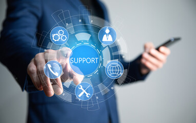 man holding phone with support icon