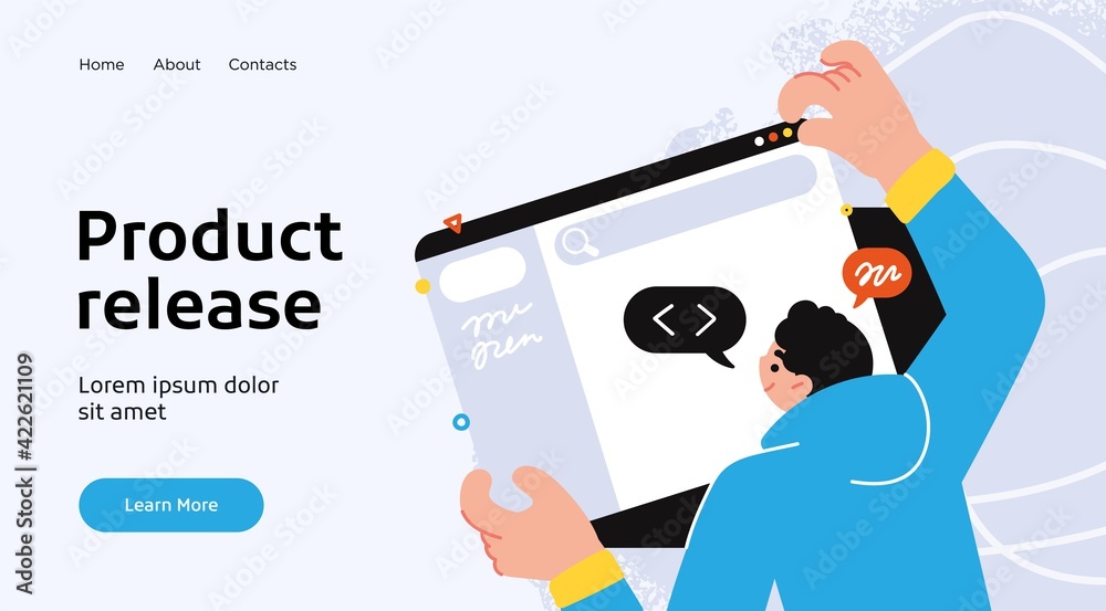 Poster Landing page template of developing computer software, coding and programming . Modern flat design concept of web page design for website. Vector