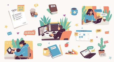 Freelance people work from home. Distant work business concept. Illustrations of men and women teamwork flat illustrations