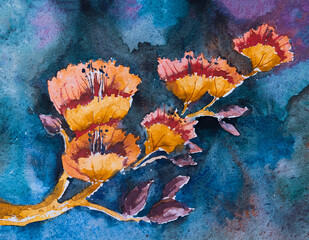 Beautiful watercolor flower painting with dark background. Indian watercolor art.
