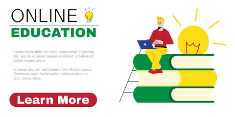 Man taking online courses via laptop. Concept for online education ad, virtual graduation, webinar, distance learning. Web page design template. Vector illustration.
