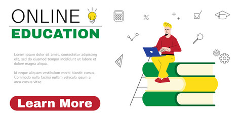 Man taking online courses via laptop. Concept for online education ad, virtual graduation, webinar, distance learning. Web page design template. Vector illustration.