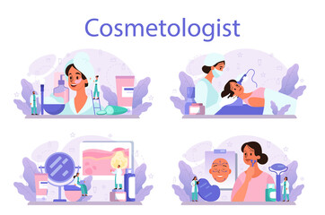 Cosmetologist concept set, skin care and treatment. Young woman treating