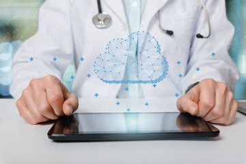 Doctor working with cloud on computing in tablet computer .