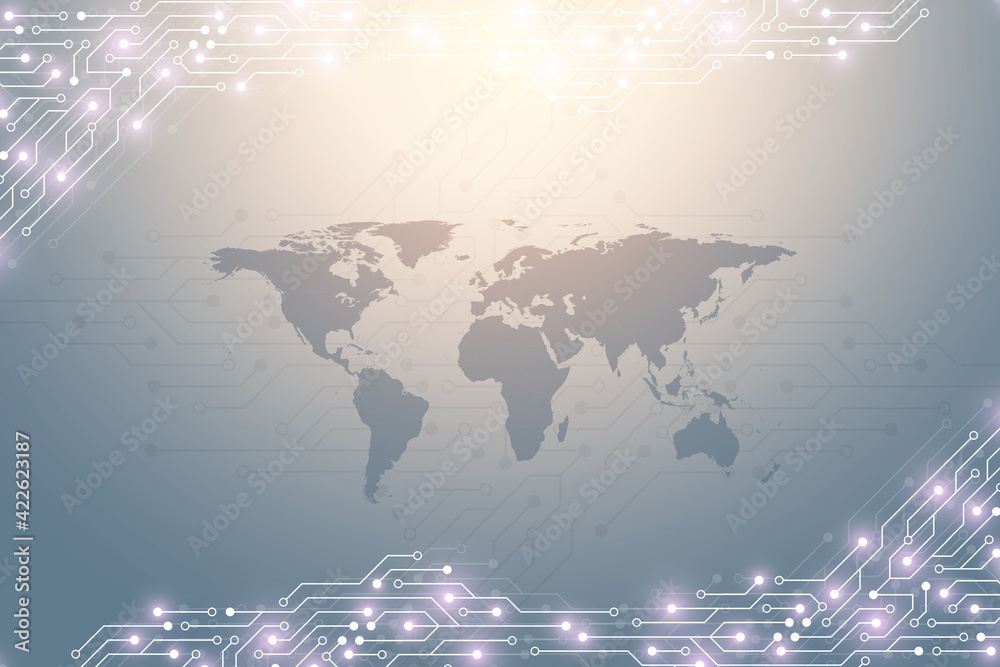 Poster World map global technology networking concept. Digital data visualization. Lines plexus. Big Data background communication. Scientific illustration.