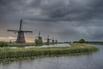 sunrise in Kinderdijk on a gray day
